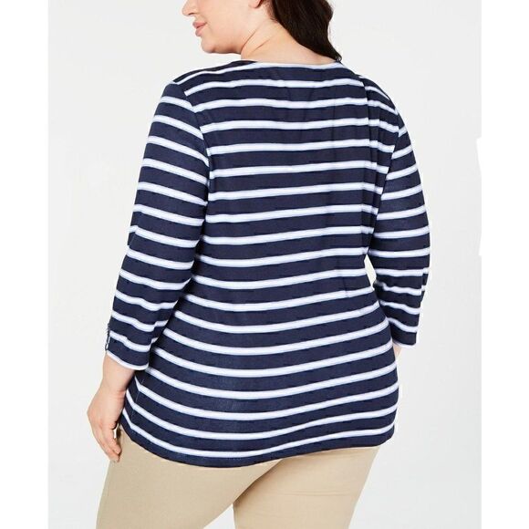 Karen Scott NEW Plus-Size Blue/White Stripe Top 2X - Picture 2 of 7